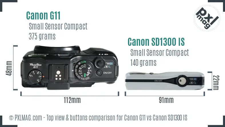 Canon G11 vs Canon SD1300 IS top view buttons comparison Canon G11 vs Canon SD1300 IS top view buttons comparison