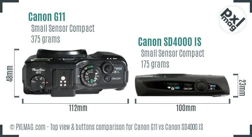 Canon G11 vs Canon SD4000 IS top view buttons comparison