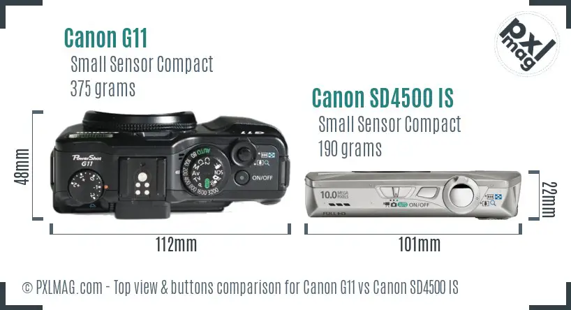 Canon G11 vs Canon SD4500 IS top view buttons comparison