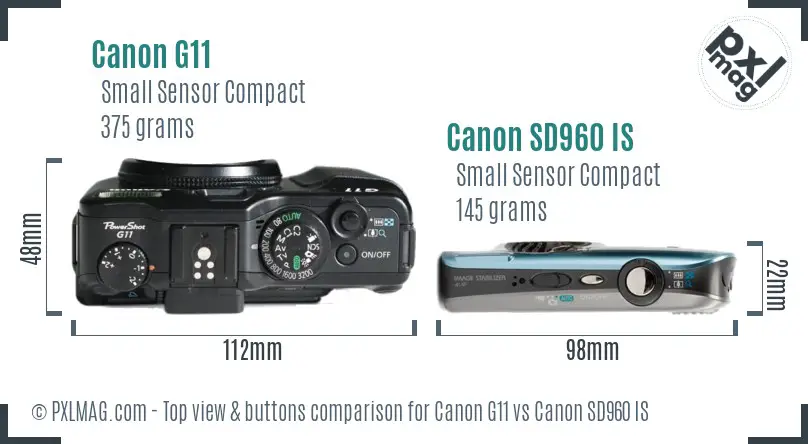Canon G11 vs Canon SD960 IS top view buttons comparison