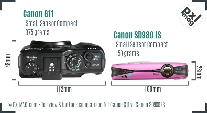 Canon G11 vs Canon SD980 IS top view buttons comparison