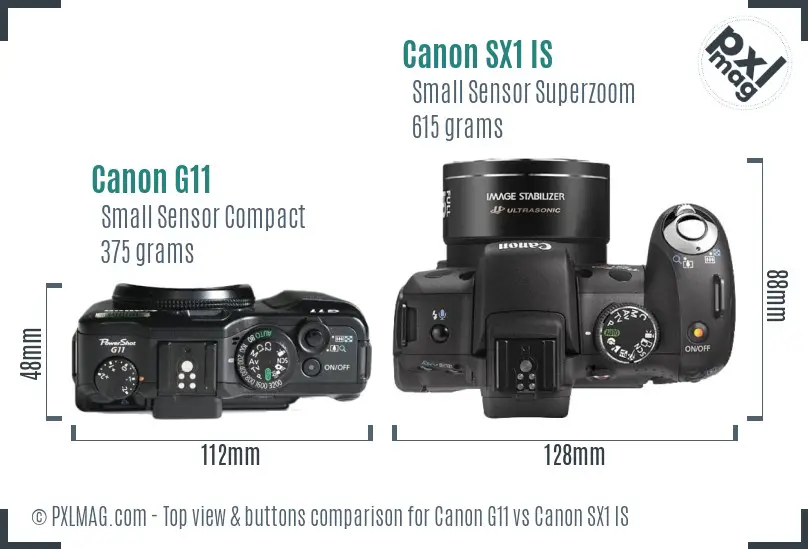 Canon G11 vs Canon SX1 IS top view buttons comparison Canon G11 vs Canon SX1 IS top view buttons comparison