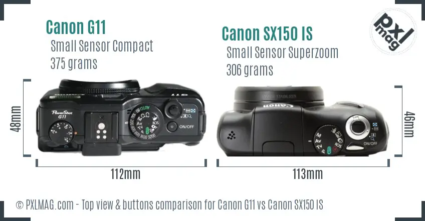 Canon G11 vs Canon SX150 IS top view buttons comparison