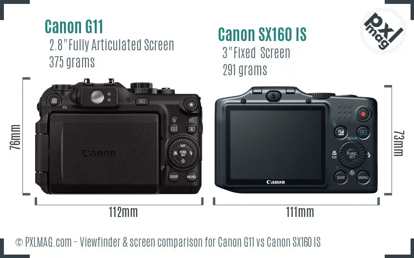 Canon G11 vs Canon SX160 IS Screen and Viewfinder comparison