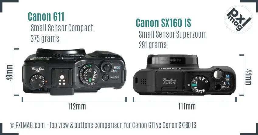 Canon G11 vs Canon SX160 IS top view buttons comparison