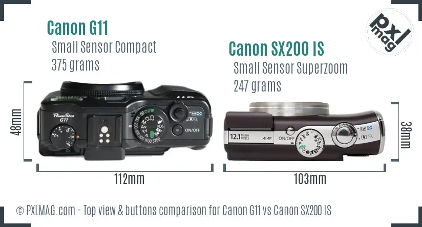 Canon G11 vs Canon SX200 IS top view buttons comparison Canon G11 vs Canon SX200 IS top view buttons comparison