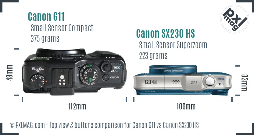 Canon G11 vs Canon SX230 HS top view buttons comparison