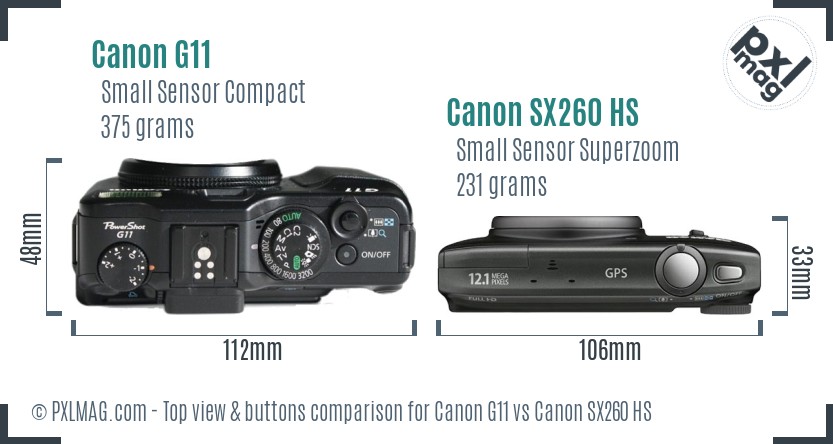 Canon G11 vs Canon SX260 HS top view buttons comparison