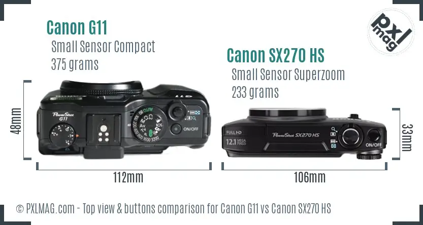 Canon G11 vs Canon SX270 HS top view buttons comparison