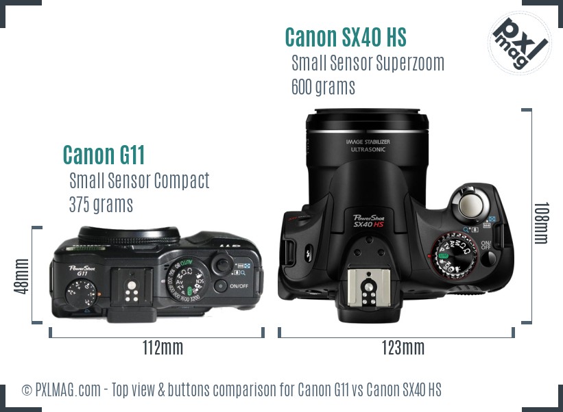 Canon G11 vs Canon SX40 HS top view buttons comparison