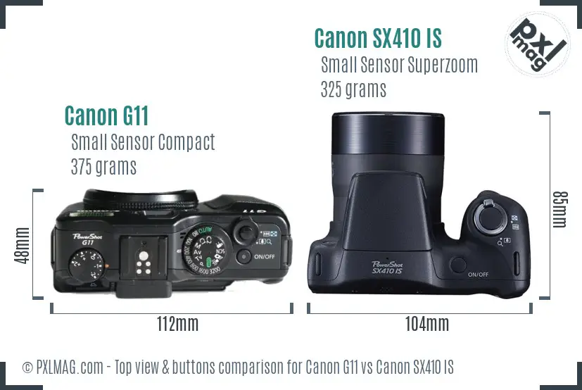 Canon G11 vs Canon SX410 IS top view buttons comparison