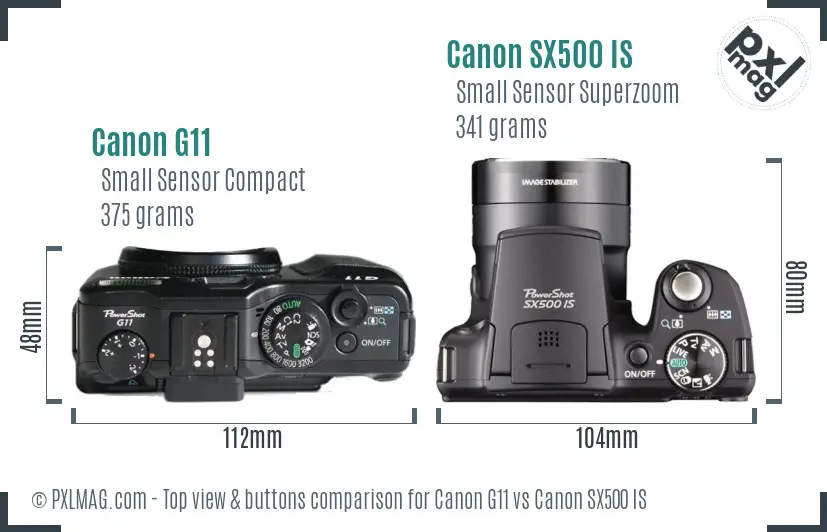 Canon G11 vs Canon SX500 IS top view buttons comparison