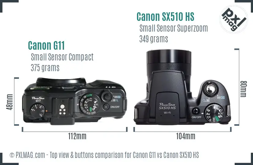 Canon G11 vs Canon SX510 HS top view buttons comparison