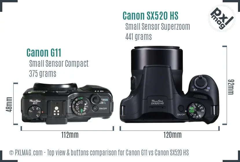 Canon G11 vs Canon SX520 HS top view buttons comparison