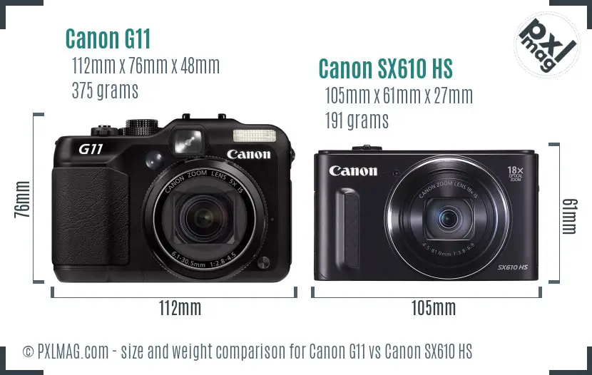 Canon G11 vs Canon SX610 HS size comparison