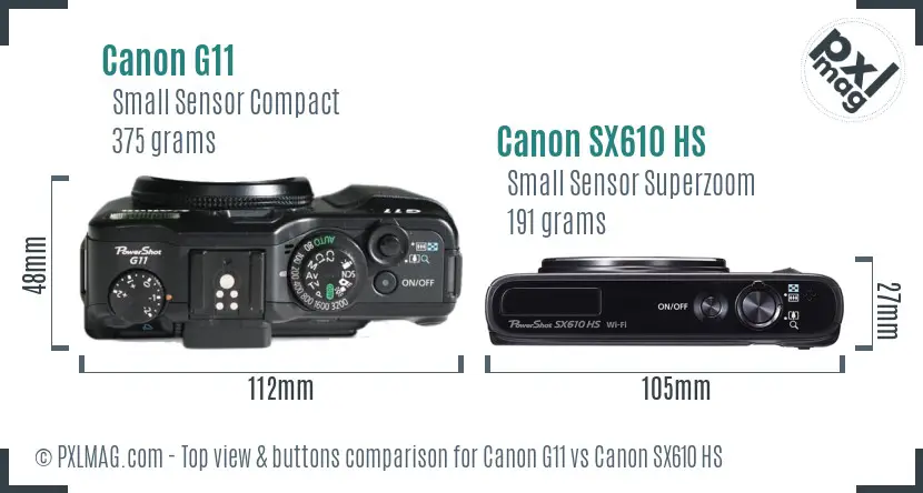 Canon G11 vs Canon SX610 HS top view buttons comparison