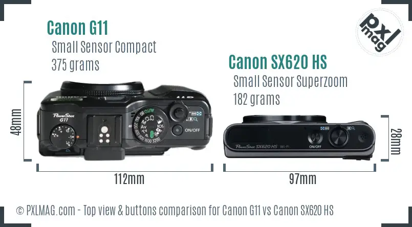 Canon G11 vs Canon SX620 HS top view buttons comparison