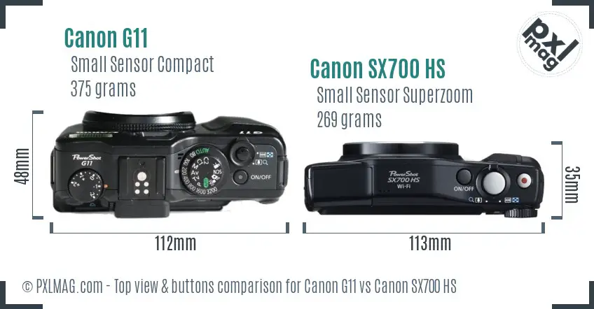 Canon G11 vs Canon SX700 HS top view buttons comparison