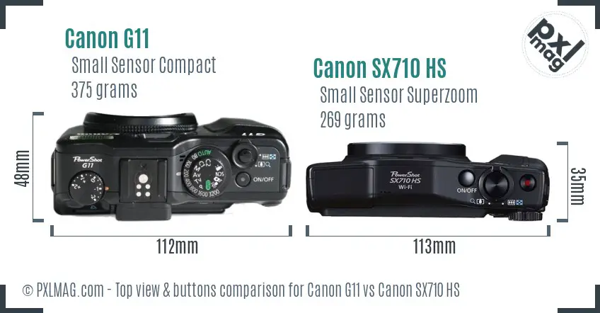 Canon G11 vs Canon SX710 HS top view buttons comparison