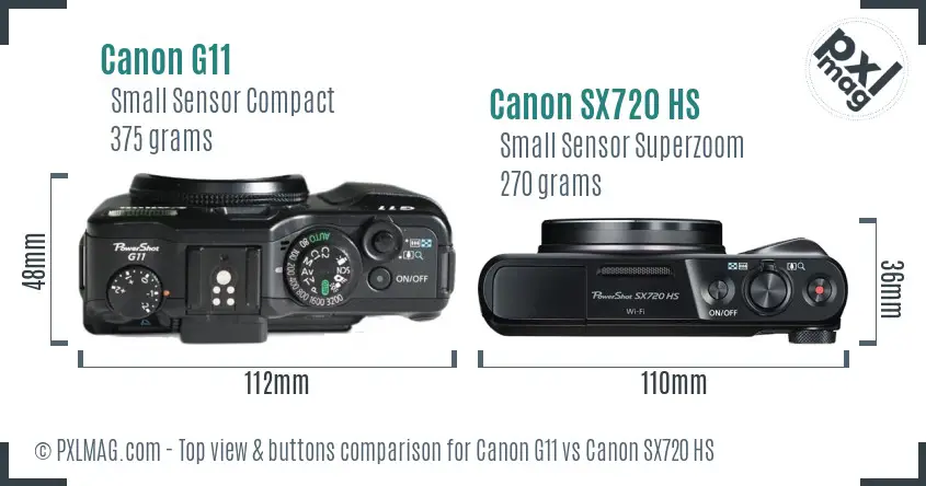 Canon G11 vs Canon SX720 HS top view buttons comparison