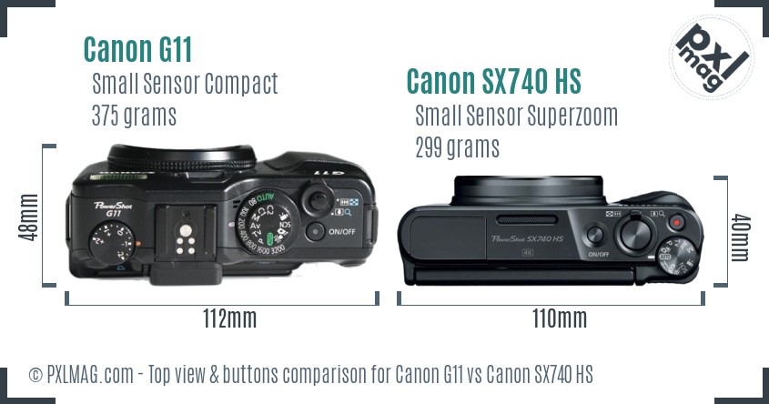 Canon G11 vs Canon SX740 HS top view buttons comparison