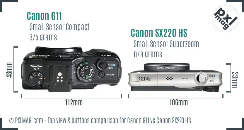 Canon G11 vs Canon SX220 HS top view buttons comparison Canon G11 vs Canon SX220 HS top view buttons comparison