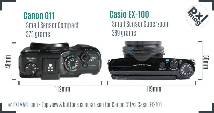 Canon G11 vs Casio EX-100 top view buttons comparison