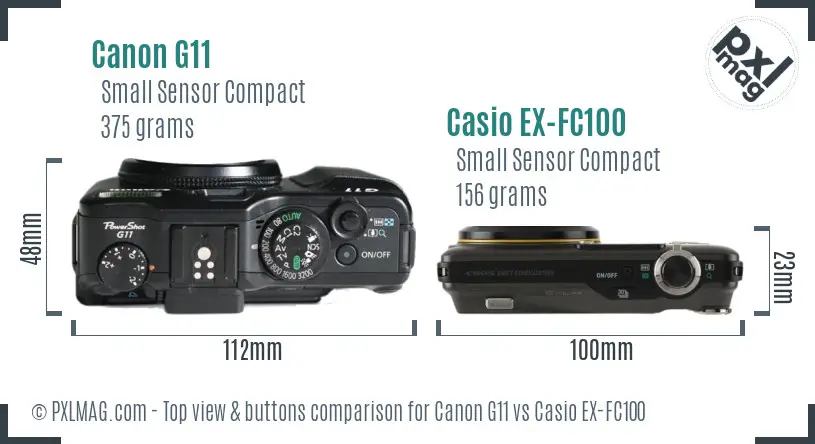 Canon G11 vs Casio EX-FC100 top view buttons comparison