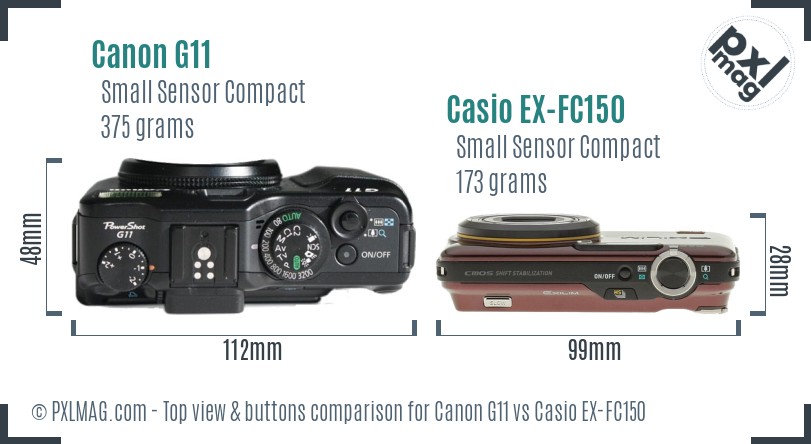 Canon G11 vs Casio EX-FC150 top view buttons comparison