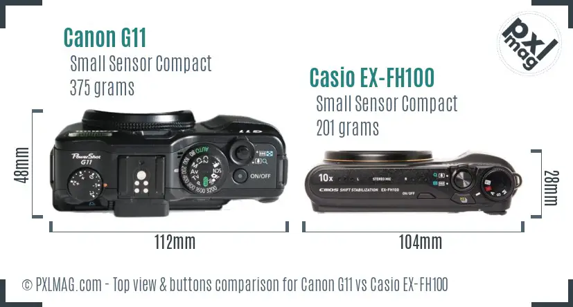 Canon G11 vs Casio EX-FH100 top view buttons comparison