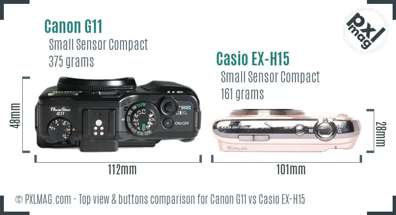 Canon G11 vs Casio EX-H15 top view buttons comparison Canon G11 vs Casio EX-H15 top view buttons comparison