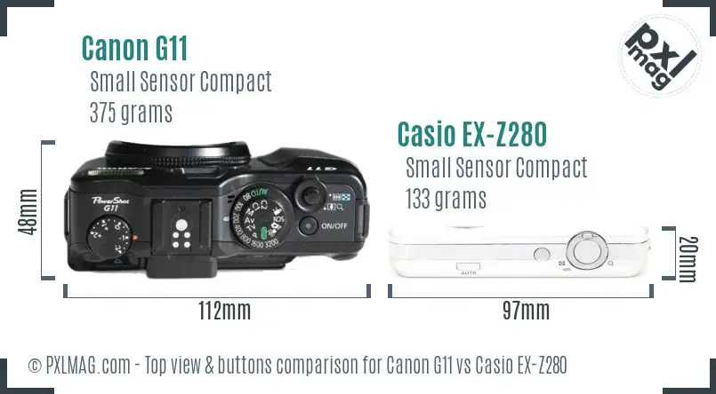 Canon G11 vs Casio EX-Z280 top view buttons comparison