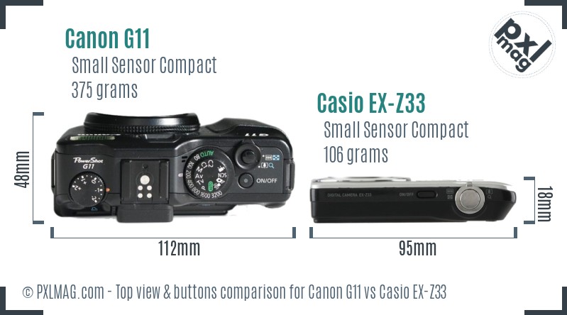 Canon G11 vs Casio EX-Z33 top view buttons comparison