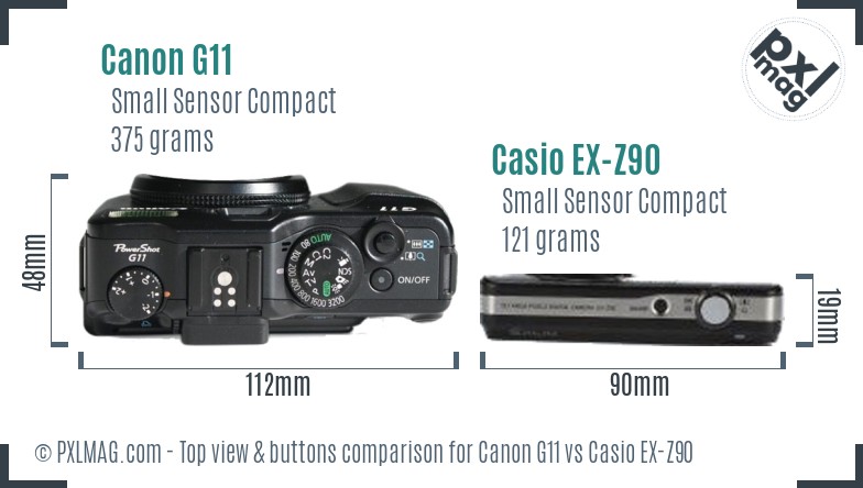 Canon G11 vs Casio EX-Z90 top view buttons comparison