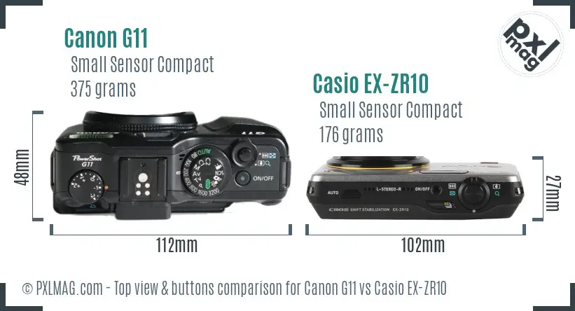 Canon G11 vs Casio EX-ZR10 top view buttons comparison Canon G11 vs Casio EX-ZR10 top view buttons comparison