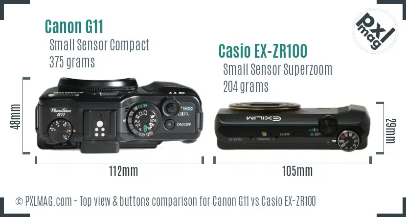 Canon G11 vs Casio EX-ZR100 top view buttons comparison