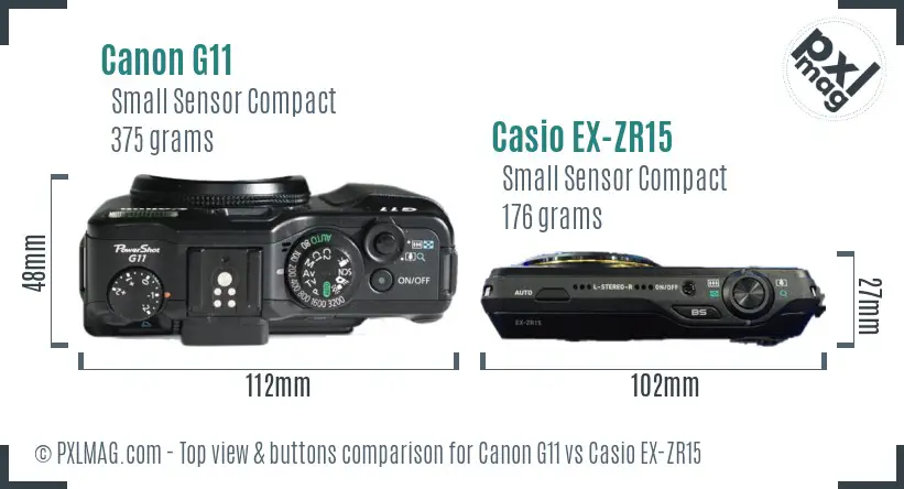 Canon G11 vs Casio EX-ZR15 top view buttons comparison Canon G11 vs Casio EX-ZR15 top view buttons comparison