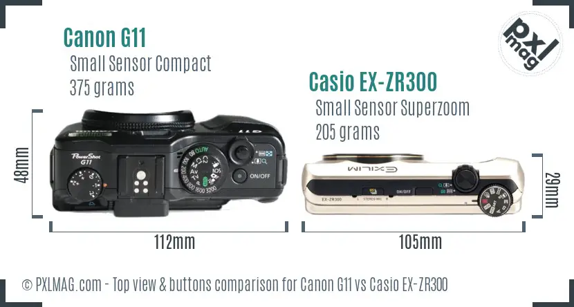 Canon G11 vs Casio EX-ZR300 top view buttons comparison