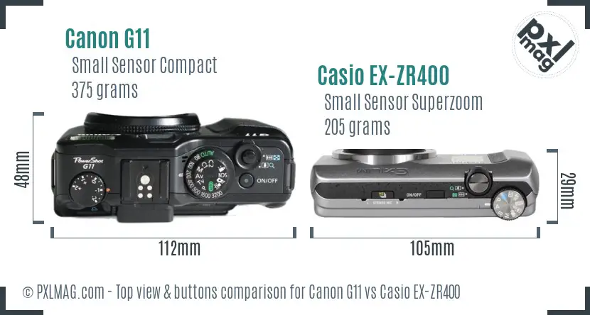 Canon G11 vs Casio EX-ZR400 top view buttons comparison Canon G11 vs Casio EX-ZR400 top view buttons comparison