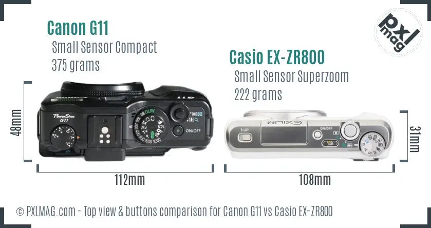 Canon G11 vs Casio EX-ZR800 top view buttons comparison