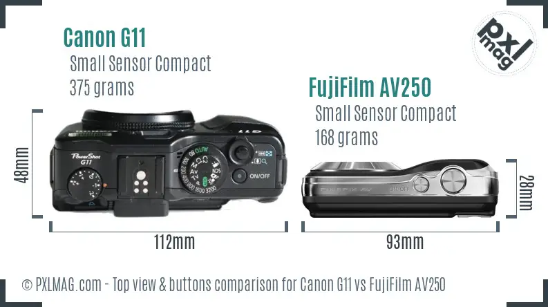 Canon G11 vs FujiFilm AV250 top view buttons comparison