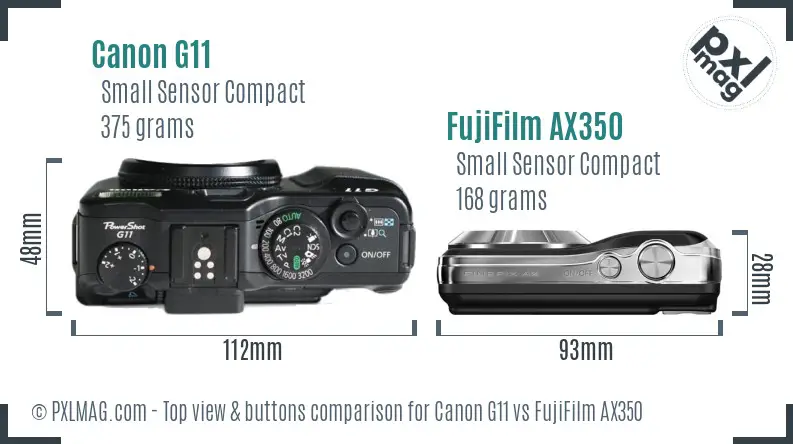 Canon G11 vs FujiFilm AX350 top view buttons comparison