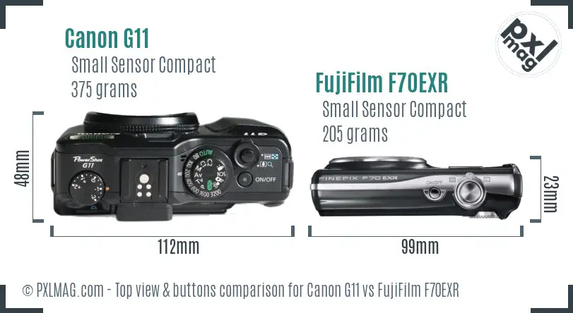 Canon G11 vs FujiFilm F70EXR top view buttons comparison