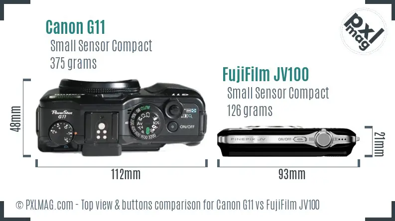 Canon G11 vs FujiFilm JV100 top view buttons comparison