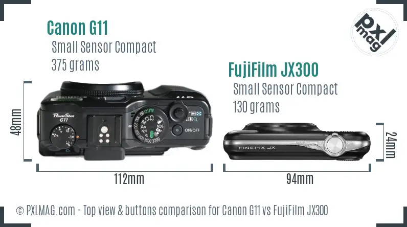 Canon G11 vs FujiFilm JX300 top view buttons comparison Canon G11 vs FujiFilm JX300 top view buttons comparison