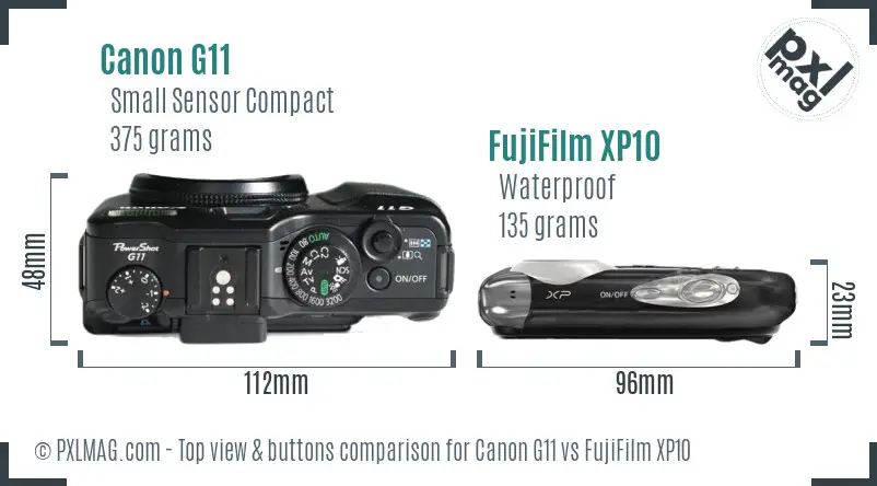 Canon G11 vs FujiFilm XP10 top view buttons comparison Canon G11 vs FujiFilm XP10 top view buttons comparison