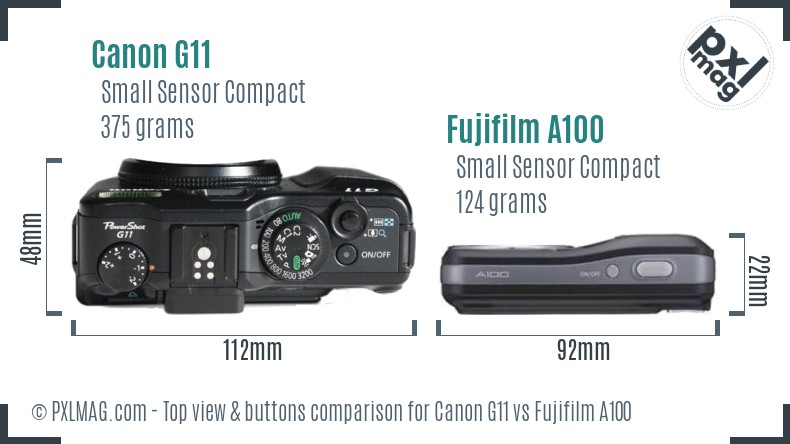 Canon G11 vs Fujifilm A100 top view buttons comparison