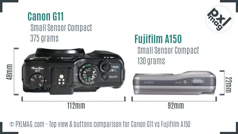 Canon G11 vs Fujifilm A150 top view buttons comparison