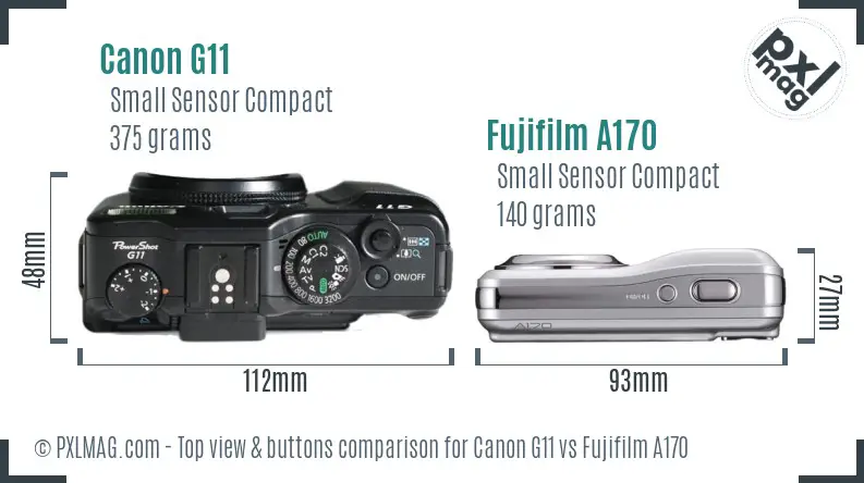 Canon G11 vs Fujifilm A170 top view buttons comparison
