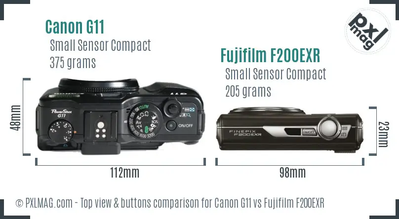Canon G11 vs Fujifilm F200EXR top view buttons comparison Canon G11 vs Fujifilm F200EXR top view buttons comparison